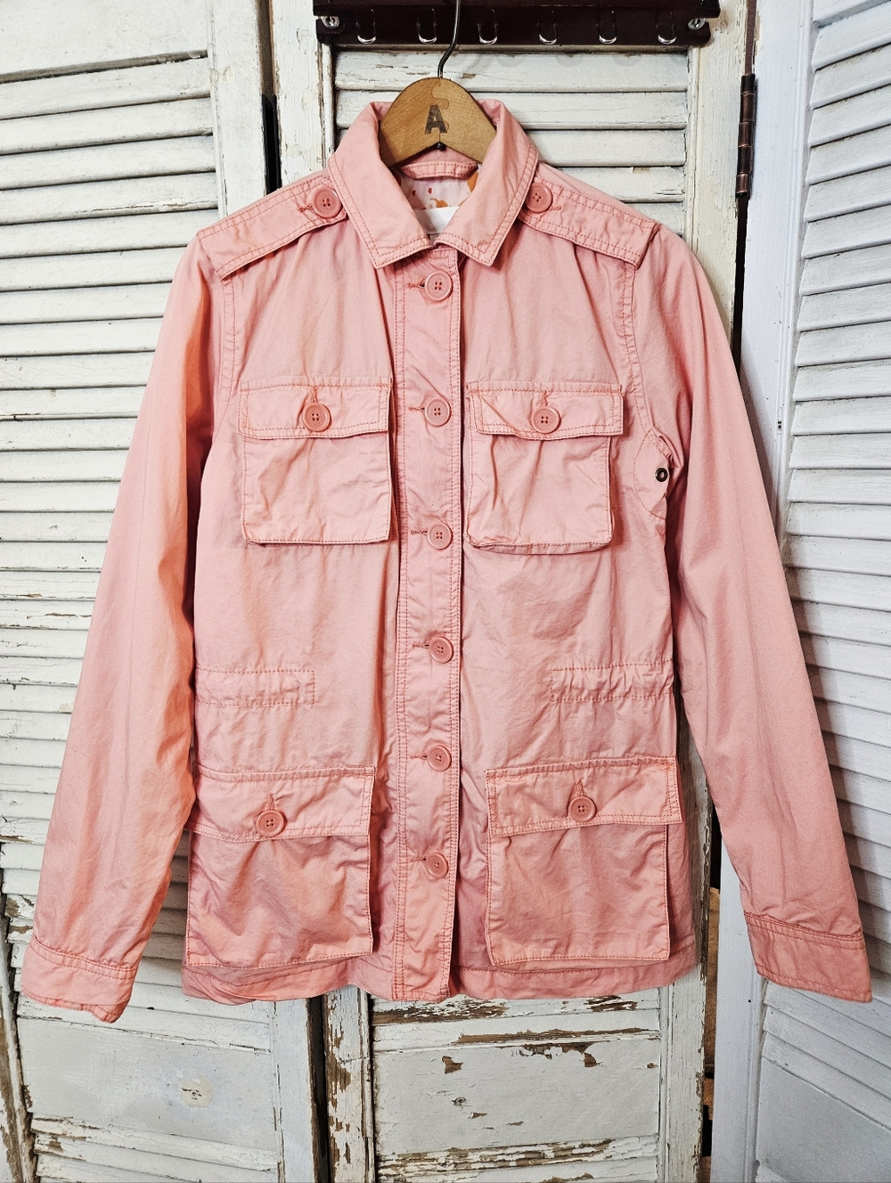 Joe Fresh 100% Cotton Military Style Spring Jacket Coral Pink Floral Lining XS